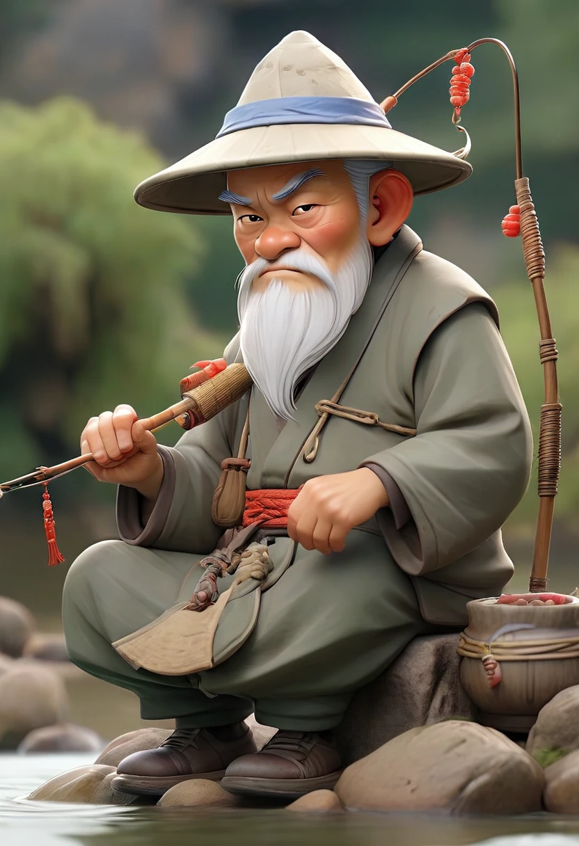 1 Chinese old man fishing,Sitting by the river,Vision