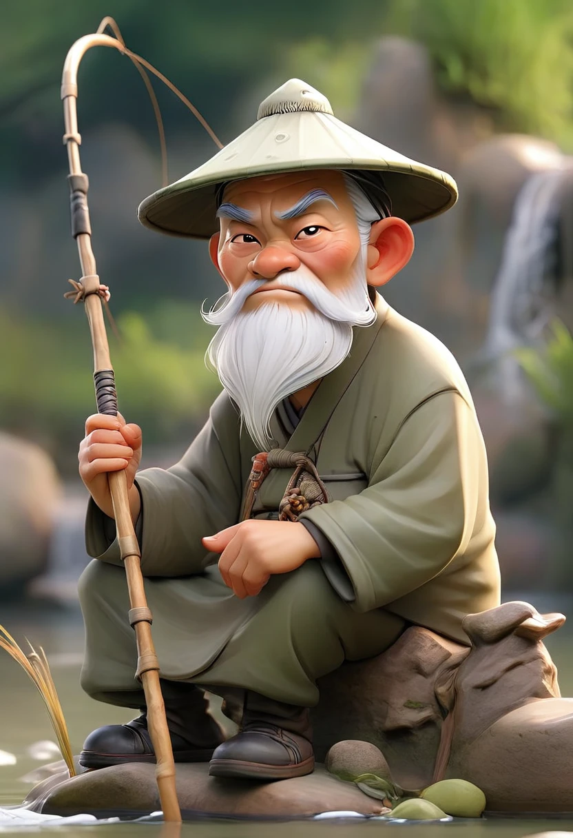 1 Chinese old man fishing,Sitting by the river,Vision