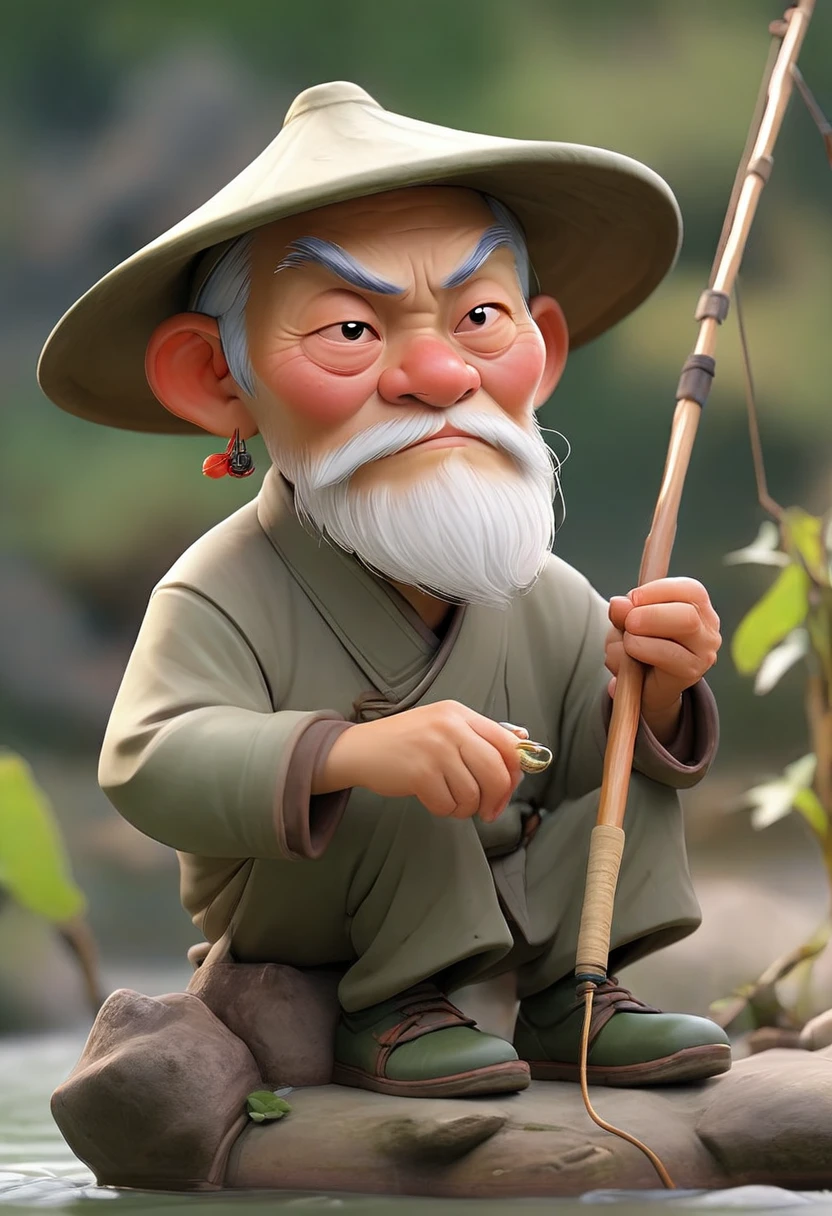 1 Chinese old man fishing，Sitting by the river，Vision