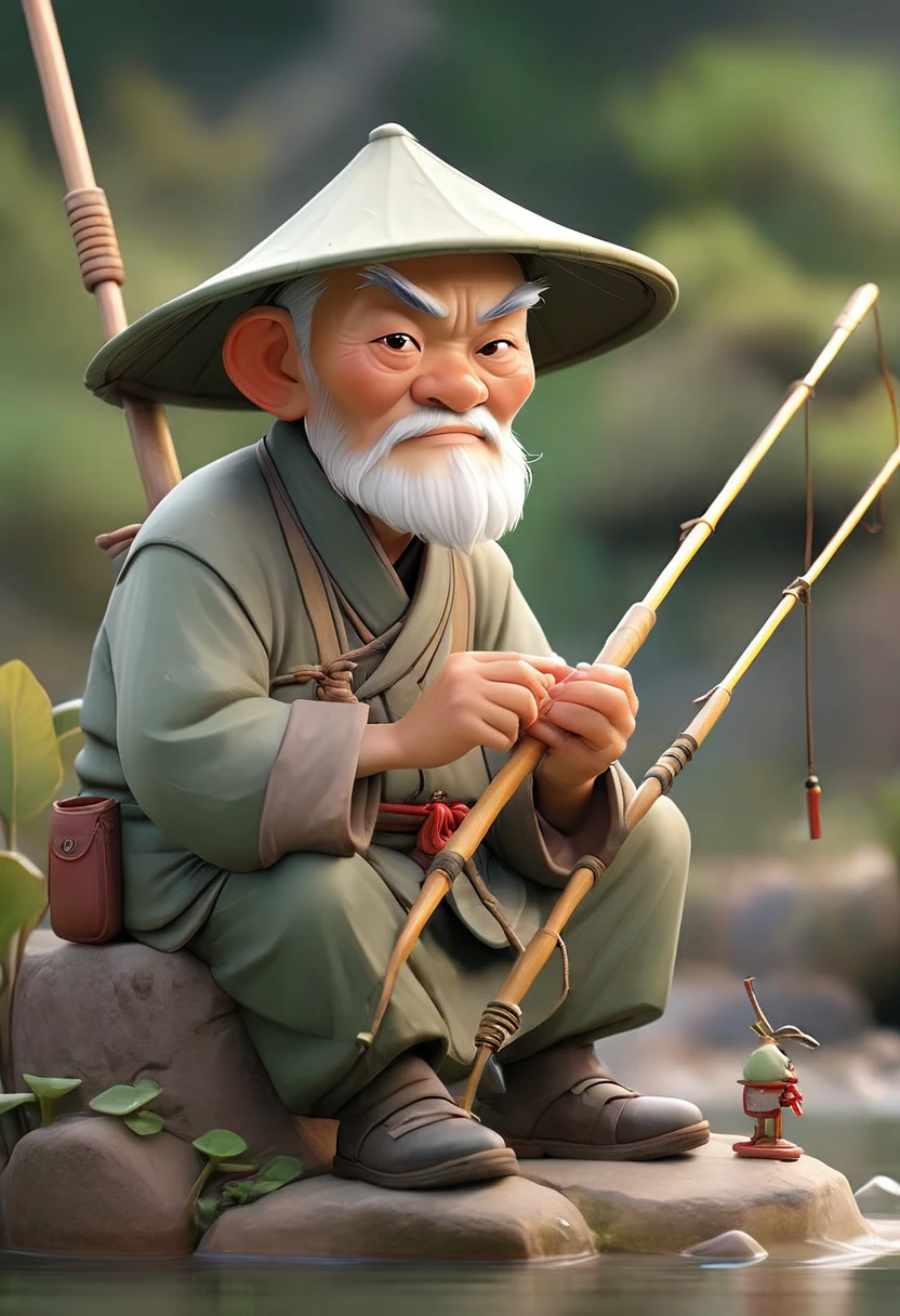 1 Chinese old man fishing，Sitting by the river，Vision