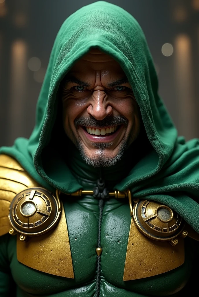 Generate an image of doctor doom with the face of a Tony stark villain
