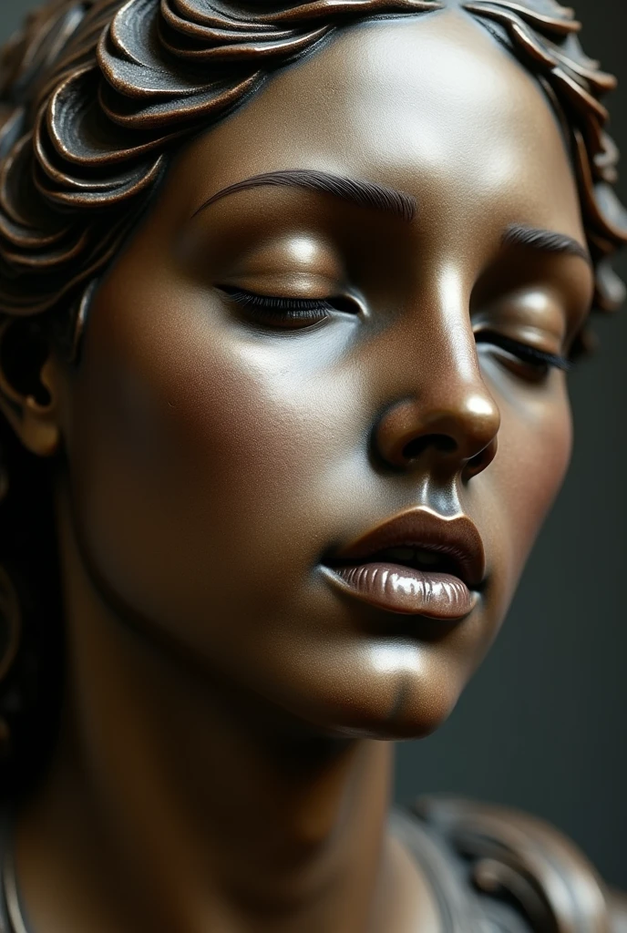 the face of a muse with closed eyes, hyperrealistic bronze sculpture