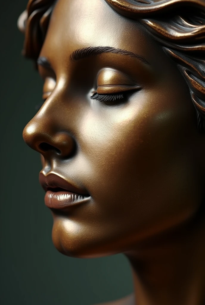 the face of a muse with closed eyes, hyperrealistic bronze sculpture