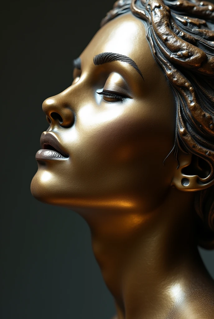 the face of a muse with closed eyes, hyperrealistic bronze sculpture