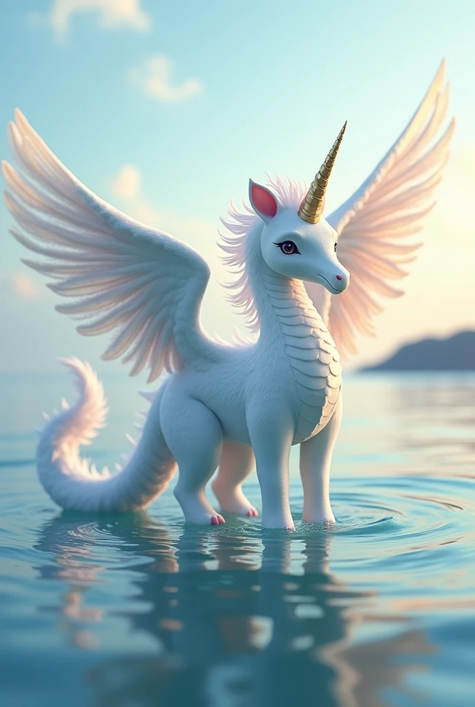 A fusion of unicorn with pegasus and dragon wings that looks a little tender and with a relaxing background like the sea