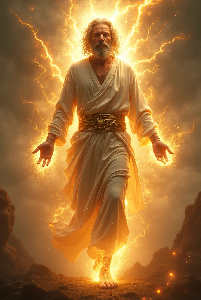 (photorealism:1.2), man clothed in linen, whose loins were girded with fine gold of Uphaz, His body also was like the beryl, and his face as the appearance of lightning, and his eyes as lamps of fire, and his arms and his feet like in colour to polished brass.