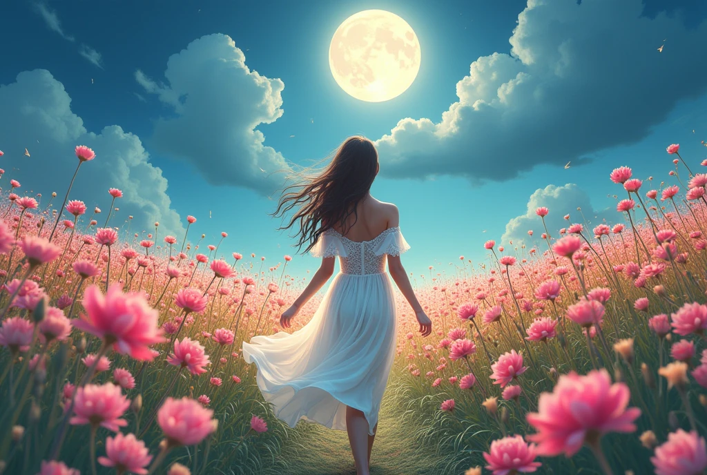 The school beauty in a white lace off-shoulder dress walks in the middle of the sea of flowers,There is a bright moon hanging above my head
