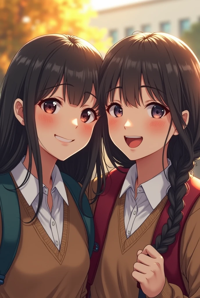 Feelings of love between sisters, the concept of diligence and excellence, a close-up photo of two students, smiling, wearing a UNIFORM and backpack, looking at the camera with gestures of joy and pleasure, educational schools CONCEPT