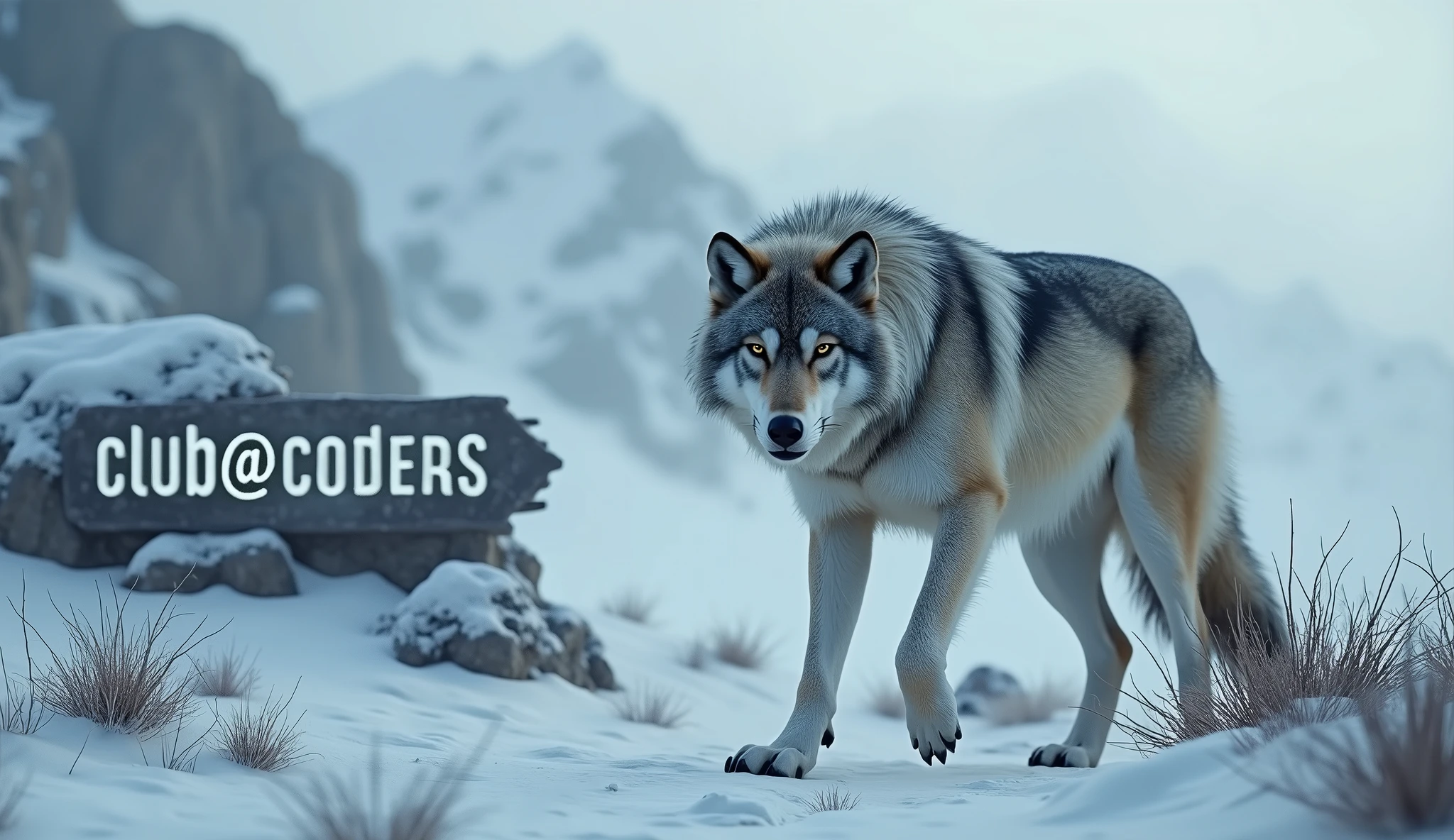 detailed alpha wolf, tundra landscape, a sign that says "Club @coders", cinematic lighting, dramatic composition, volumetric fog, muted color palette, hyper realistic, octane render, 8k, highly detailed, photorealistic. Difumina al lobo y enfoca el letrero.