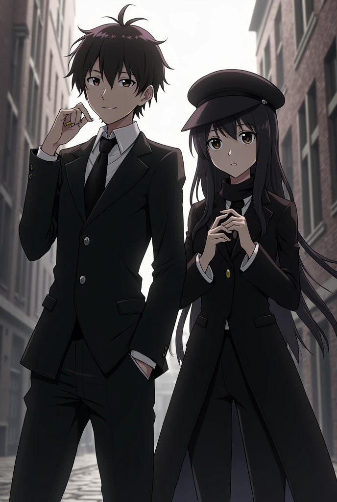 Kazuma with Megumin from the anime Konosuba, smoking, with black British style clothes 