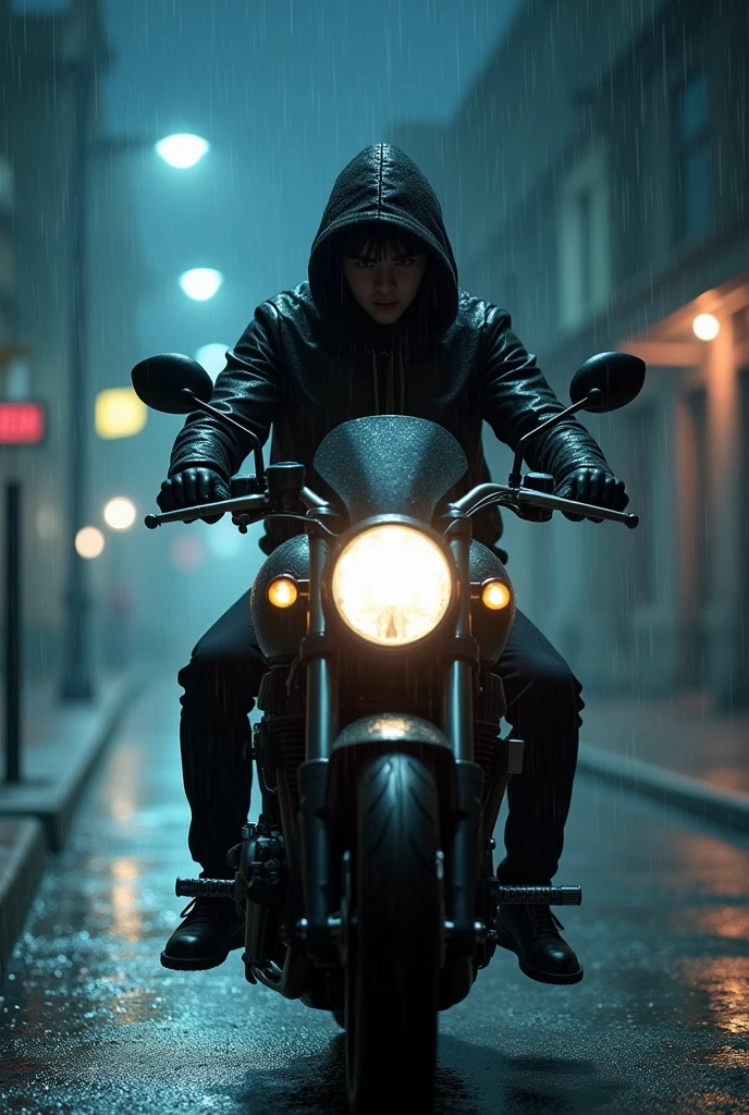 Jungkook wear black hoodie in a bike with magia vibes in a rain at night time