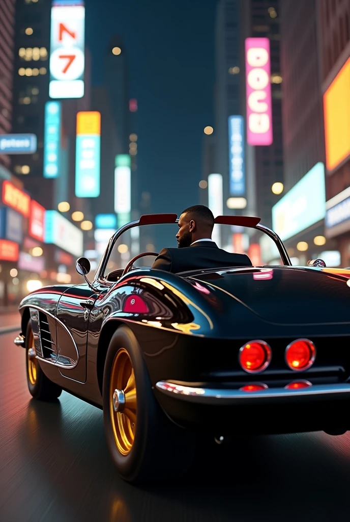 a vintage black corvette with gold rims with a big dark skinned black man with a short beard fade very short haircut inside the car driving down the city streets at night, wearing a 3-piece business suit, tiny sized gold stud earring, hyperrealism, photography, 4k, photorealism,