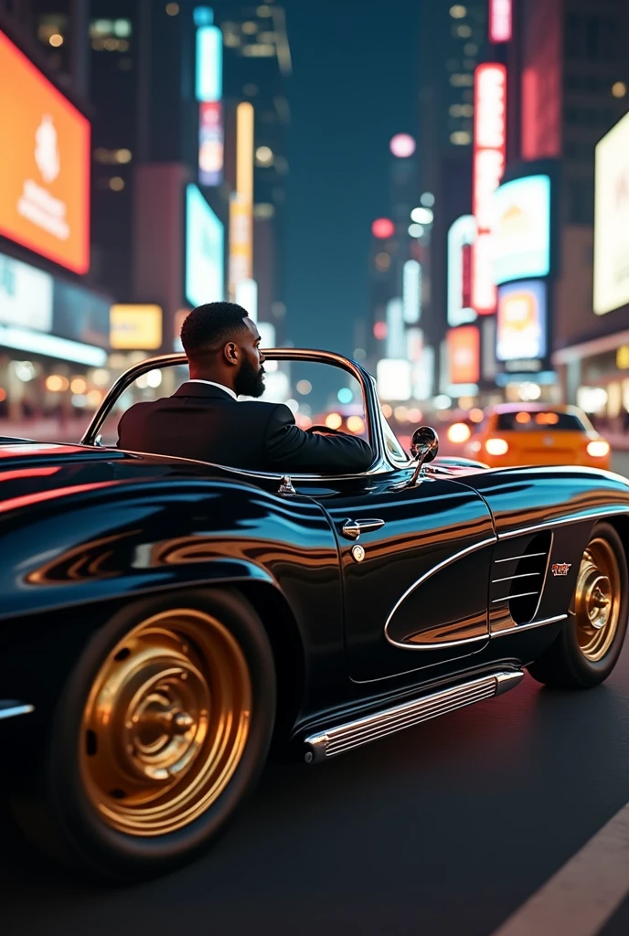 a vintage black corvette with gold rims with a big dark skinned black man with a short beard fade very short haircut inside the car driving down the city streets at night, wearing a 3-piece business suit, tiny sized gold stud earring, hyperrealism, photography, 4k, photorealism,