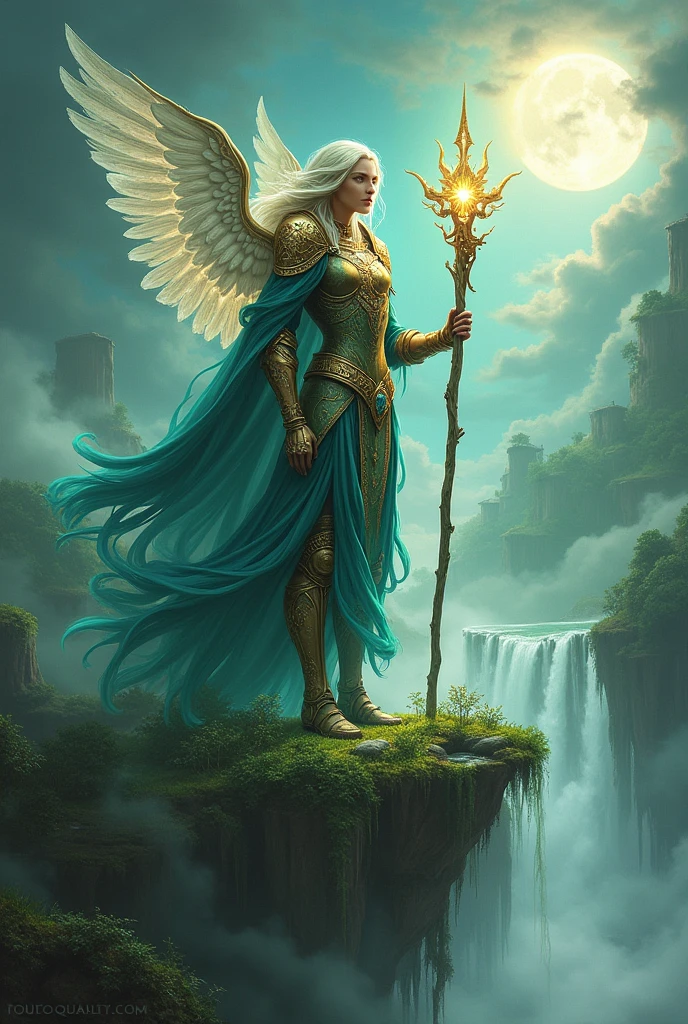 (Guardian of the Enchanted Isles:1.4), (fantasy art style:1.4), (masterpiece:1.4, best quality), (photo realistic:1.4), majestic figure standing tall on a floating island, surrounded by swirling mist and ethereal light, wearing ancient, ornate armor with glowing runes, long flowing hair that dances with the wind, (piercing gaze:1.2), (deep, reflective eyes:1.2), holding a staff that emanates a soft, radiant light, wings made of shimmering crystals that catch the light of the distant sun, (vibrant and lush landscape:1.2), (floating islands with cascading waterfalls:1.2), (mystical flora and fauna:1.2), dynamic composition with strong contrasts, rich textures, dramatic lighting, ((vivid greens:1.2)), (deep blues:1.2), (golden accents:1.2), (((complex background:1.2))), ((high-quality and detailed)), enchanting atmosphere, otherworldly beauty, captivating features, transcendent and unique, perfect image quality, powerful and serene presence
