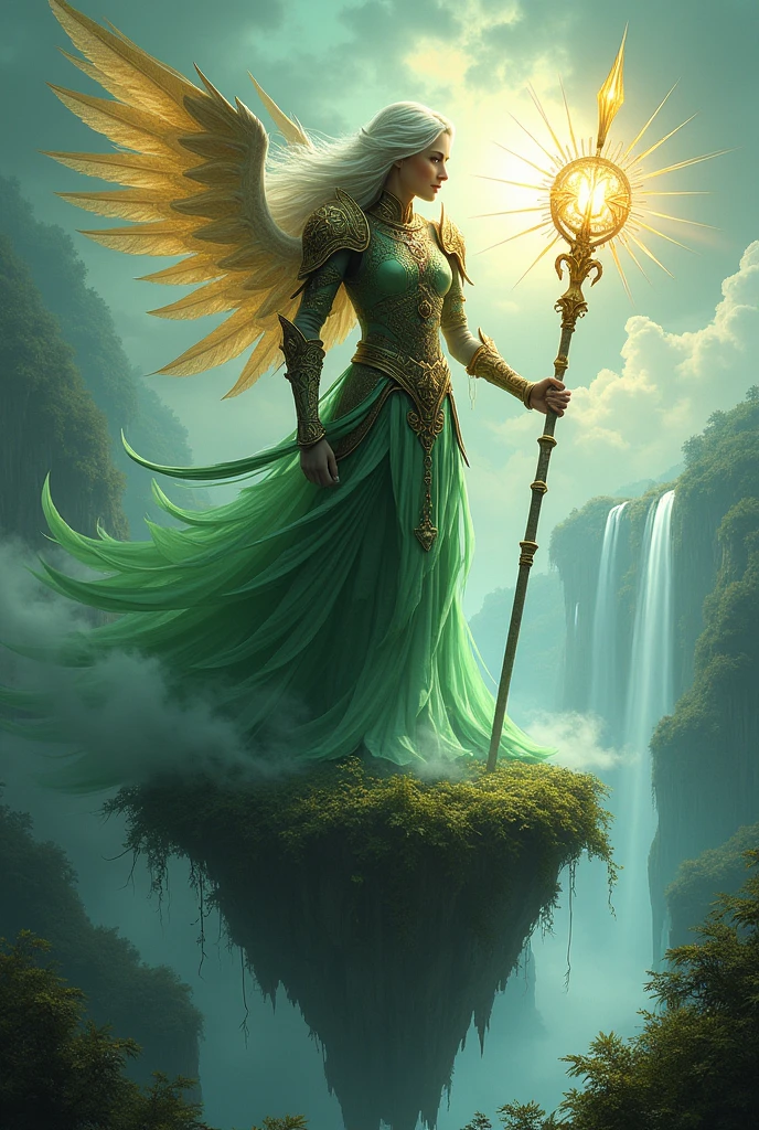 (Guardian of the Enchanted Isles:1.4), (fantasy art style:1.4), (masterpiece:1.4, best quality), (photo realistic:1.4), majestic figure standing tall on a floating island, surrounded by swirling mist and ethereal light, wearing ancient, ornate armor with glowing runes, long flowing hair that dances with the wind, (piercing gaze:1.2), (deep, reflective eyes:1.2), holding a staff that emanates a soft, radiant light, wings made of shimmering crystals that catch the light of the distant sun, (vibrant and lush landscape:1.2), (floating islands with cascading waterfalls:1.2), (mystical flora and fauna:1.2), dynamic composition with strong contrasts, rich textures, dramatic lighting, ((vivid greens:1.2)), (deep blues:1.2), (golden accents:1.2), (((complex background:1.2))), ((high-quality and detailed)), enchanting atmosphere, otherworldly beauty, captivating features, transcendent and unique, perfect image quality, powerful and serene presence