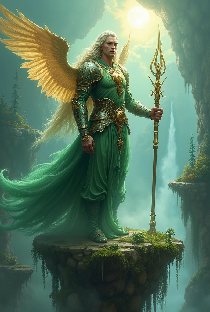 (Guardian of the Enchanted Isles:1.4), (fantasy art style:1.4), (masterpiece:1.4, best quality), (photo realistic:1.4), majestic figure standing tall on a floating island, surrounded by swirling mist and ethereal light, wearing ancient, ornate armor with glowing runes, long flowing hair that dances with the wind, (piercing gaze:1.2), (deep, reflective eyes:1.2), holding a staff that emanates a soft, radiant light, wings made of shimmering crystals that catch the light of the distant sun, (vibrant and lush landscape:1.2), (floating islands with cascading waterfalls:1.2), (mystical flora and fauna:1.2), dynamic composition with strong contrasts, rich textures, dramatic lighting, ((vivid greens:1.2)), (deep blues:1.2), (golden accents:1.2), (((complex background:1.2))), ((high-quality and detailed)), enchanting atmosphere, otherworldly beauty, captivating features, transcendent and unique, perfect image quality, powerful and serene presence