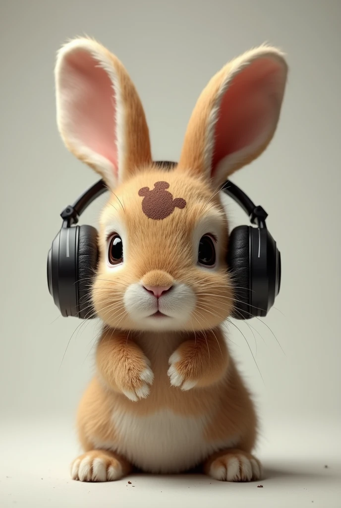 A BUNNY WITH BROWN STAINS ON HIS HEAD AND HEADPHONES