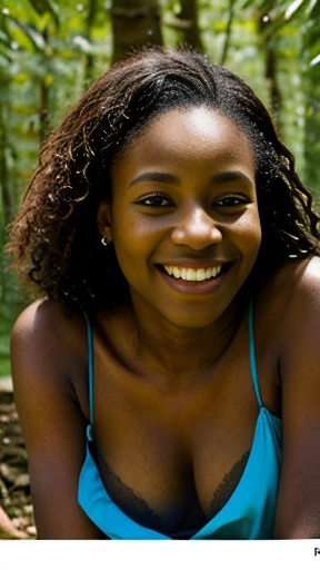 fille africaine noire ado , cheveux tresses africaines, souriante, en fond une foret sombre, soleil couchant, minijupe écossaise, chemise blanche, petit seins