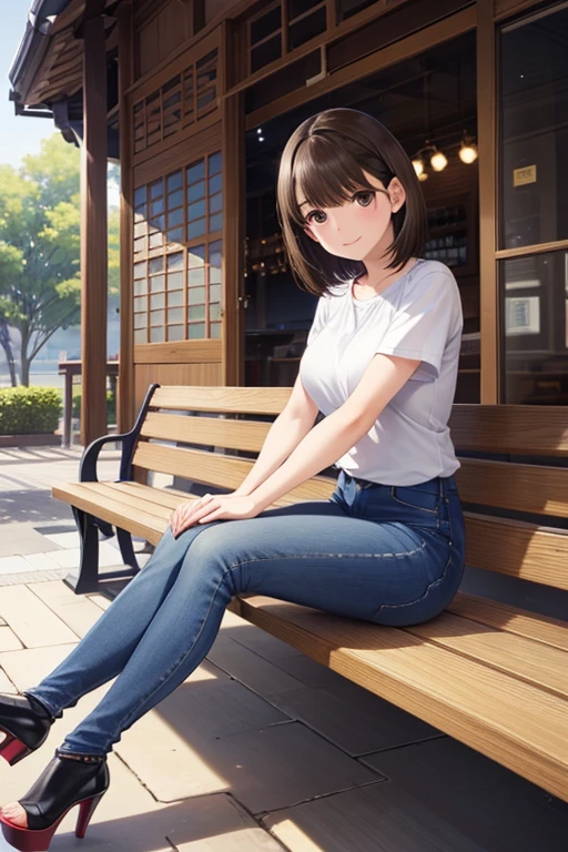 anegasaki nene、Shiny brown hair, short hair, (Beautiful brown eyes、Sparkling eyes, Fine grain)、smile、Ultra-detailed eyes、Highly detailed face, Highly detailed eyes,Cowboy Shot、
(masterpiece, Highest quality:1.2), One person, alone, alone focus, short hair, smile, View your viewers,
Beautiful mature woman、Skinny jeans、High heels、Innocent look、Station benches、platform