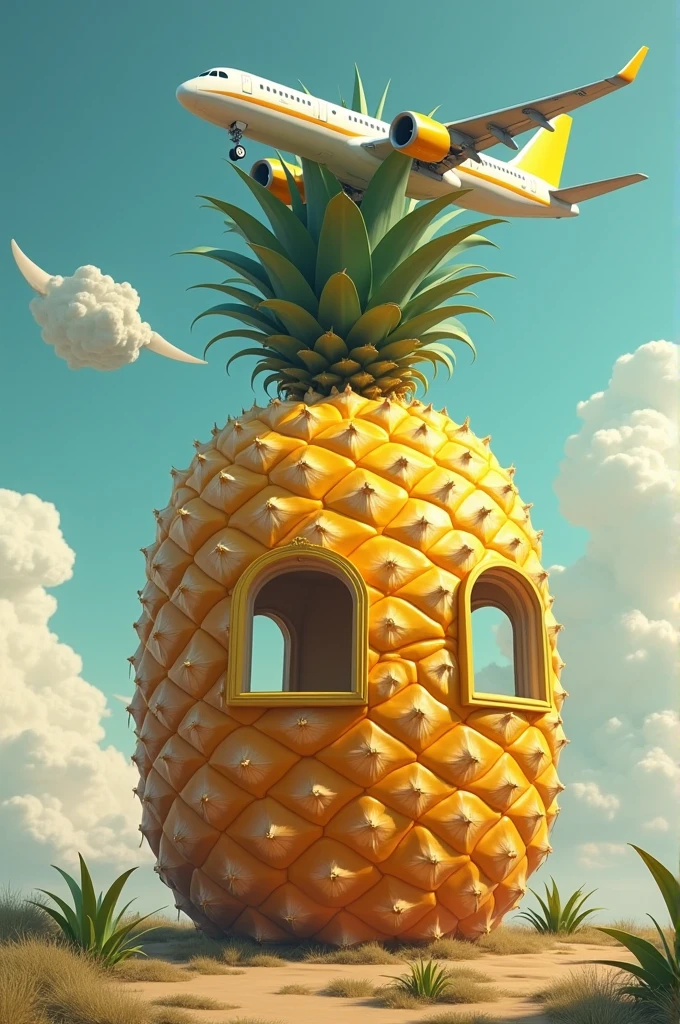 The big fruit pineapple has a big window on top that showing hospitality, and in the top of pineapple there's airplane