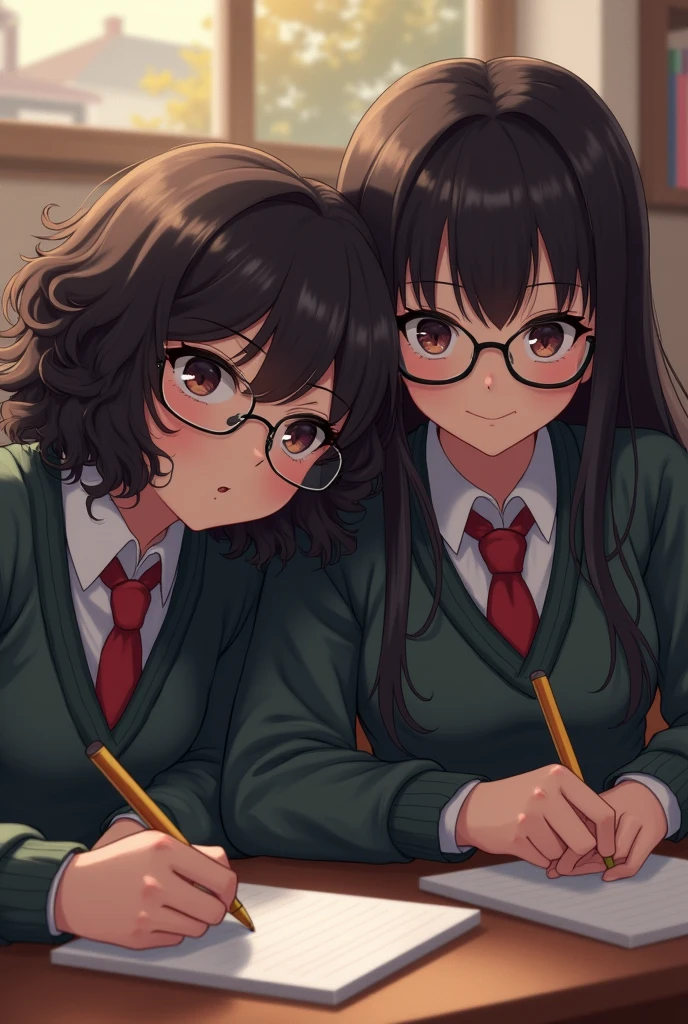 student with glasses, you are dark, curly hair and in uniform. Recostada en su amiga de cabello lizo de you are dark y que esta escribiendo