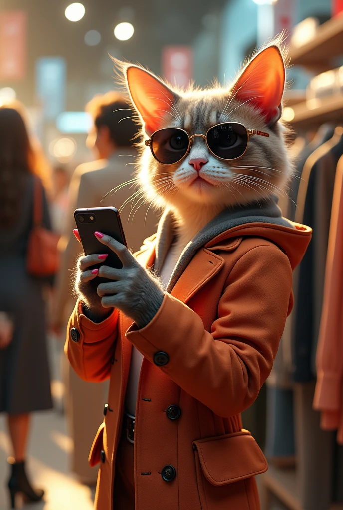 3D image of a humanized cat with stylish clothes and false eyelashes and painted nails, without glasses, messing with an iPhone, sitting on a shopping store chair and talking to other hotties, busy and cheerful environment, cat eyes, clothing screens and people in the background, 4k artistic photo, perfect proportions, radiant glow, foreground, attention to the details