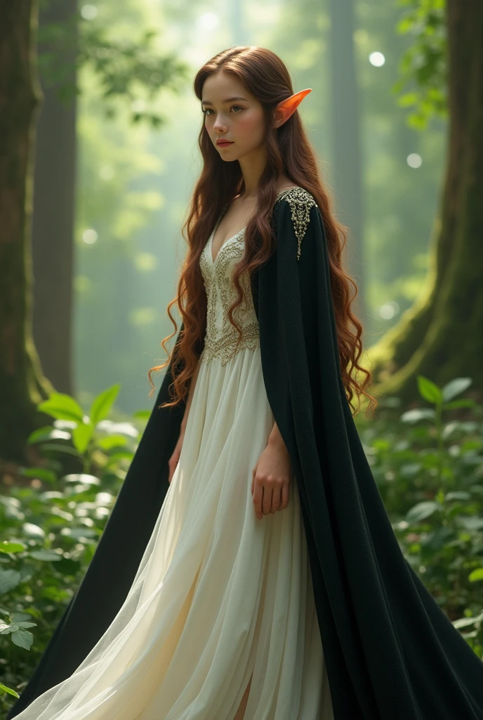 Sweet elf with brown long smooth hair. White dress. whole body. elf ears. young adult woman. black cape  with white dress. in a forest  