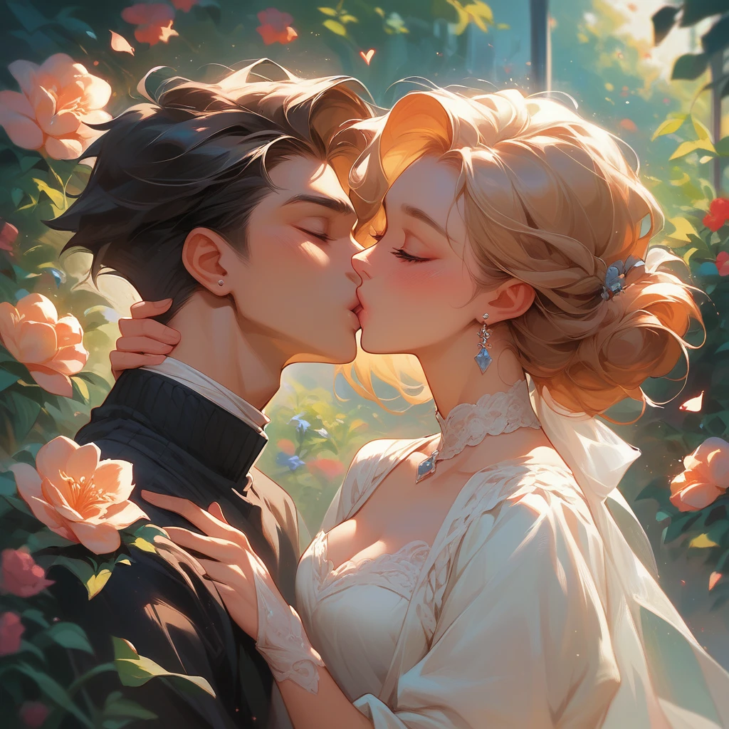 A boy kissing a girl on her forehead. And girl looks at his eyes,they are standing in beautiful garden and the weather is nice and pleasant day