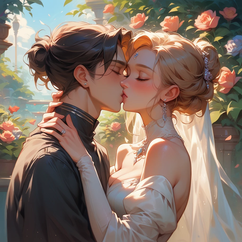 A boy kissing a girl on her forehead. And girl looks at his eyes,they are standing in beautiful garden and the weather is nice and pleasant day