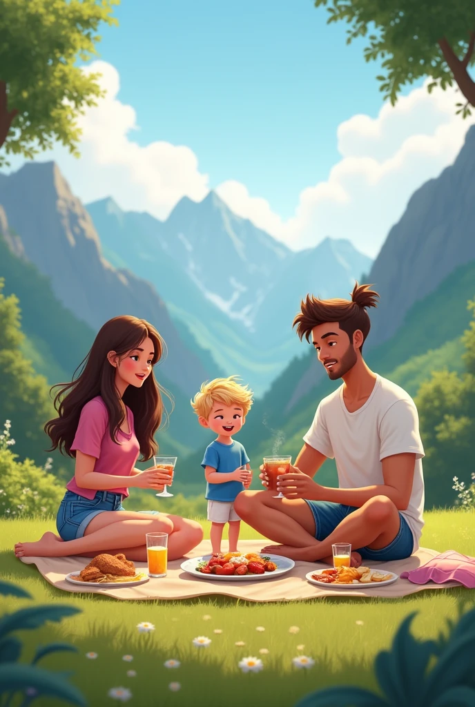Create a light brown woman image, long straight medium brown hair, she is wearing jean shorts and a pink blouse. One of three years, blond, curly and messy hair, wearing a blue shirt and white shorts. A light-skinned man, Light brown bun hair, a little voluminous and wavy.
They are having a picnic in the mountains.