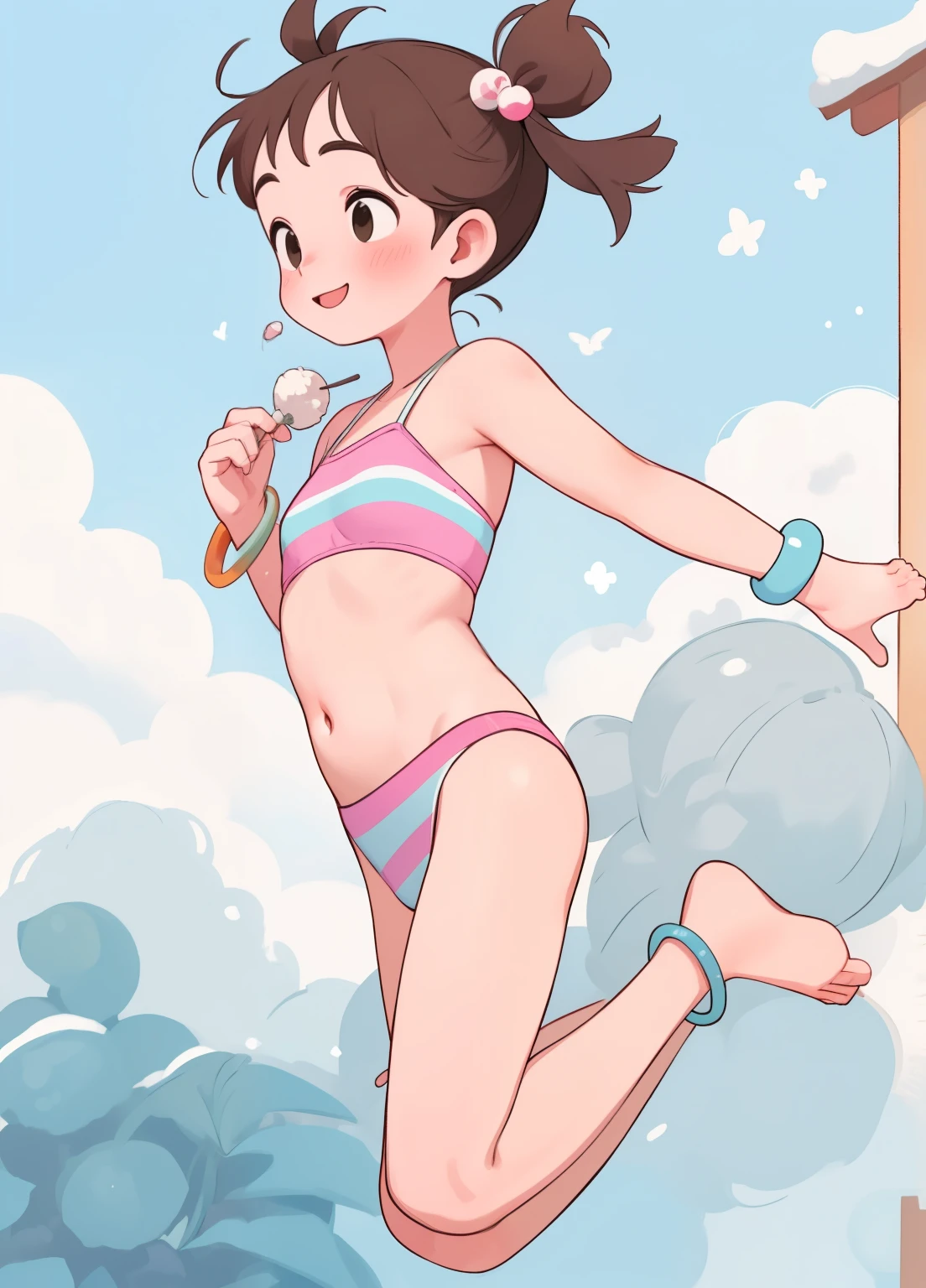 (masterpiece、Highest quality、Highest quality、Official Art、Beautiful and beautiful:1.2)、(One person:1.3)Hatsune Miku、Twin tails,Beautiful breasts, Katsushika Hokusai,Short-haired, gray-haired、she 、Brown Skin、Wearing a white bikini、Bandeau、Lean and muscular body、barefoot、Colorful Bracelets、Colorful anklets、明るくsmile、smile、Dance cheerfully
