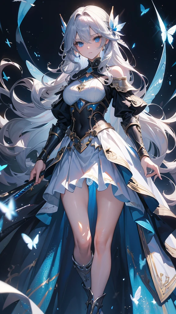 ((masterpiece, Highest quality)), Detailed face，Holy Knight，Character portrait，whole body，Perfect Body Proportions，Long legs，((Long Wavy Hair)), ，Beautiful Eyes，Fantasy Style，Black background，Very beautiful，,Expose,,Silver Hair,Blue Eyes,((Sparkling Eyes)),,Blue Gemstone Brooch,White and blue armor,A blue butterfly dances in the night sky,Black Stockings,Gorgeous Long Sword,Ready your sword