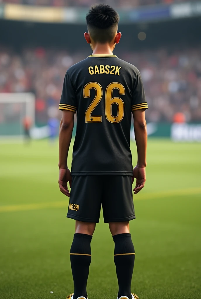 (photorealism) 16 year old Indonesian male ,haircut (short slicked back),Thin and short body (short) ,wearing a black jersey, black pants and soccer shoes on the soccer field ,facing back ,dengan nomor punggung 26 gold color,Nameset (Gabs2K ) gold color ,