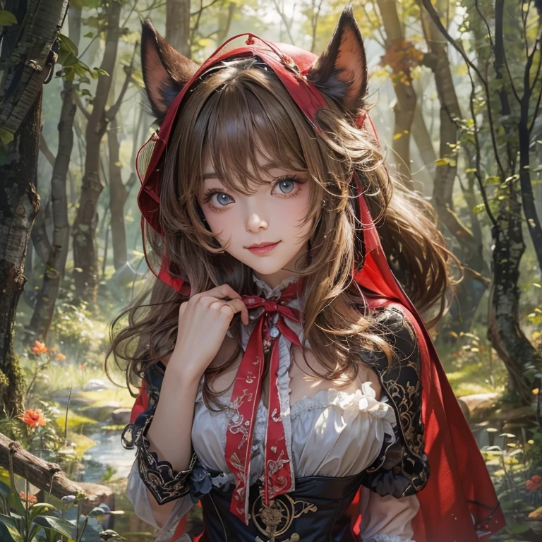 Standing in the forest、Hair Flow、 ((Highest quality、masterpiece、8k、Best image quality、Ultra-high resolution、Award-winning works)、(Accurate anatomy:1.1)、(Look at me and smile:1.1)、Shining fair skin with Ultra-high resolution、The most detailed face、Ultra-high resolution detailed face、Ultra-high resolutionの髪の毛、(Ultra-high resolution eye:1.1)、Beautiful face drawn in every detail、little red riding hood　Costumes , Chest to chest,  Strange atmosphere, A real werewolf stares at her......., Dark Light, in the forest , Heavy makeup 