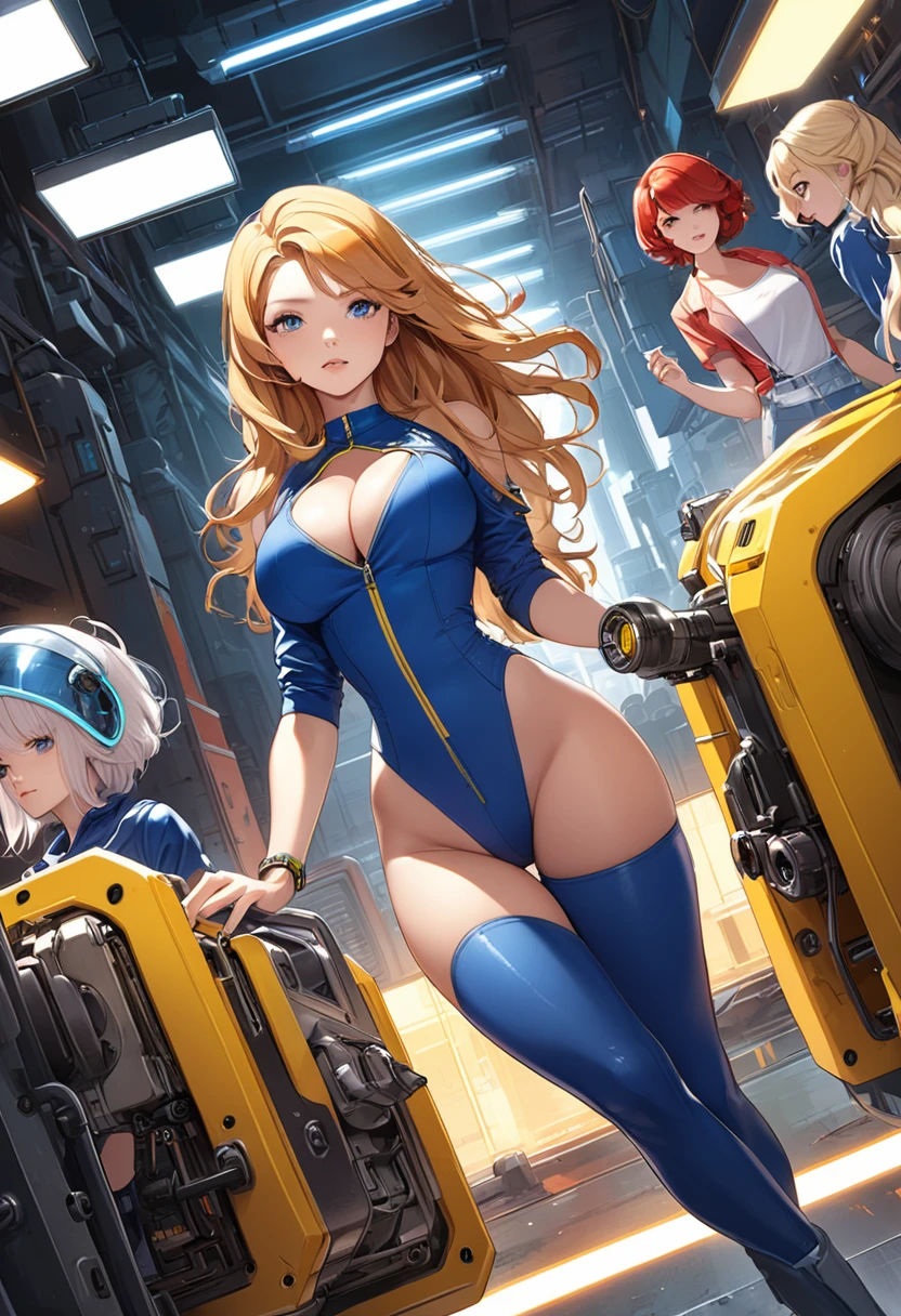 detailed illustration, dynamic angle, ultra-detailed, illustration, lots of women, 4girls, multiple girls, blonde, brunette, red head, long hair, short hair, and a PipBoy on her wrist, machinery, industrial, inside, florescent lights, s, milfs, medium breasts, large breasts, cleavage, wearing (blue jump suits with yellow zippers: 1.0)