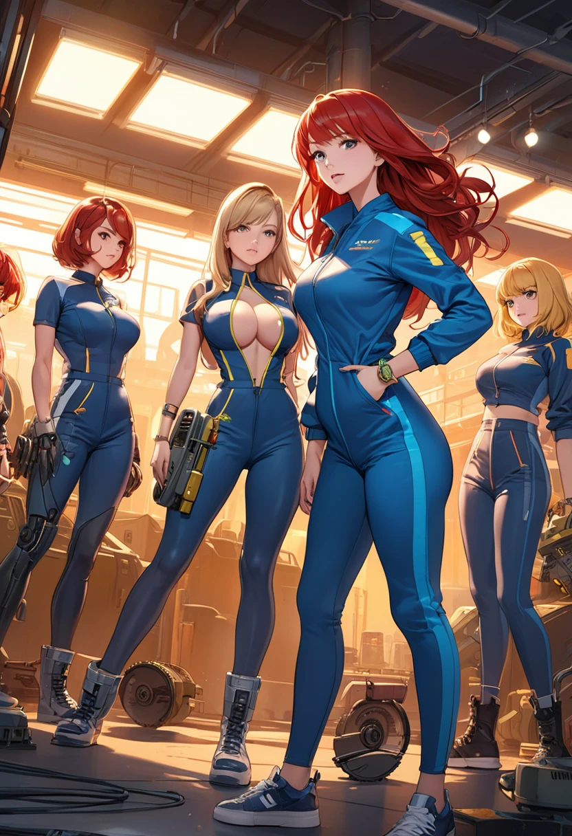 detailed illustration, dynamic angle, ultra-detailed, illustration, lots of women, 4girls, multiple girls, blonde, brunette, red head, long hair, short hair,  and a PipBoy on her wrist, machinery, industrial, inside, florescent lights, teens, milfs, medium breasts, large breasts, cleavage, wearing (blue jump suits with yellow zippers: 1.0)