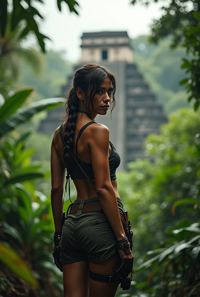 Lara croft de face dans la jungle, In the background you can see some Mayan ruins