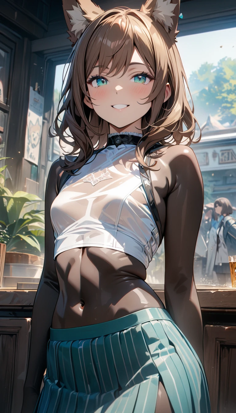 Grown-up girl, long brown hair, fox ears, turquoise eyes, smile, transparent top, open belly, sleeveless, flat chest, skirt, black skin, Masterpiece, best quality, Full HD, 8k, ultra details, great graphic