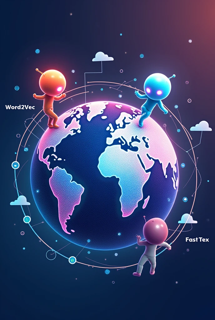 Text embading methods with a focus on Word2Vec,Glove and Fast Text generate it in a globe with english words the words are Glo Ve , Word2Vec and fast text and communication links