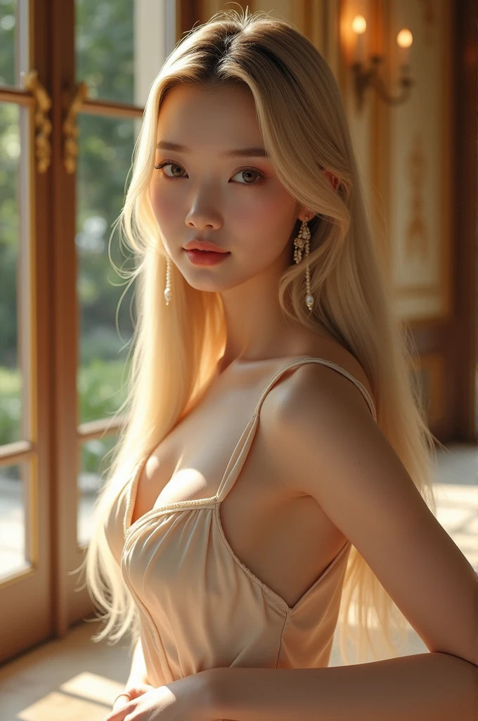 Standard Korean, kpop idol, big almond eyes, upturned nose, very white skin, long straight blonde hair, oval face, elegant Korean makeup, elegant concept, short chic dress,Luxurious mansion background, model posing 