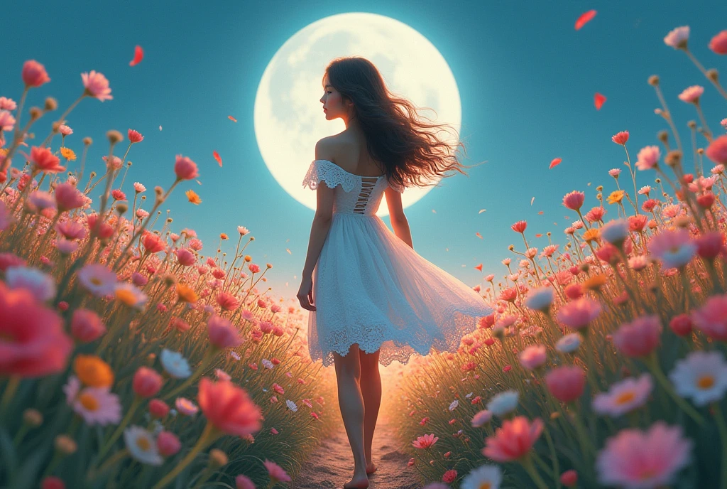 The school beauty in a white off-shoulder lace dress walks in the middle of the sea of flowers,There is a bright moon hanging above my head,Short skirt,Bare legs