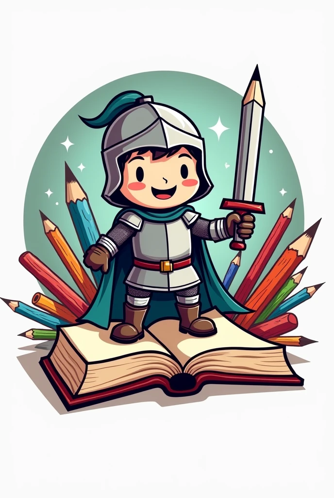 Round logo that has a cartoon drawing of a knight holding a pencil as a sword and is standing on a book and in the background has utensils like sheets of paper, pencils, rules and toys 