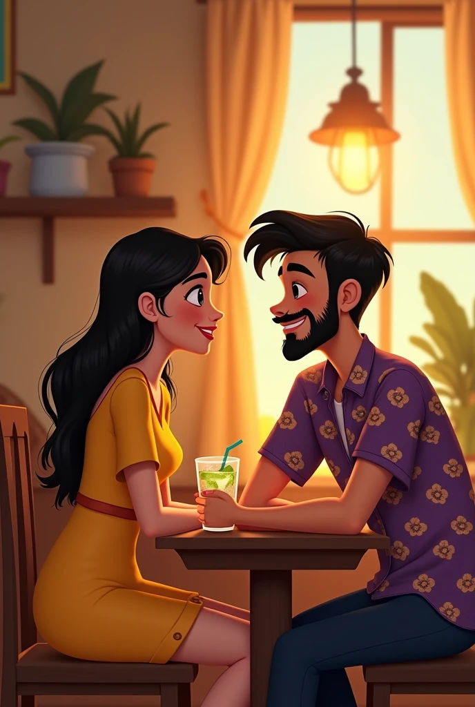 A boy and girl sitting in a cafe And talking to each other, girl wearing yellow dress and boy is wearing purple shirt with golden flower pattern on it. on the table they have mozito .
 Show the ambience and boy has some beard and moustache 