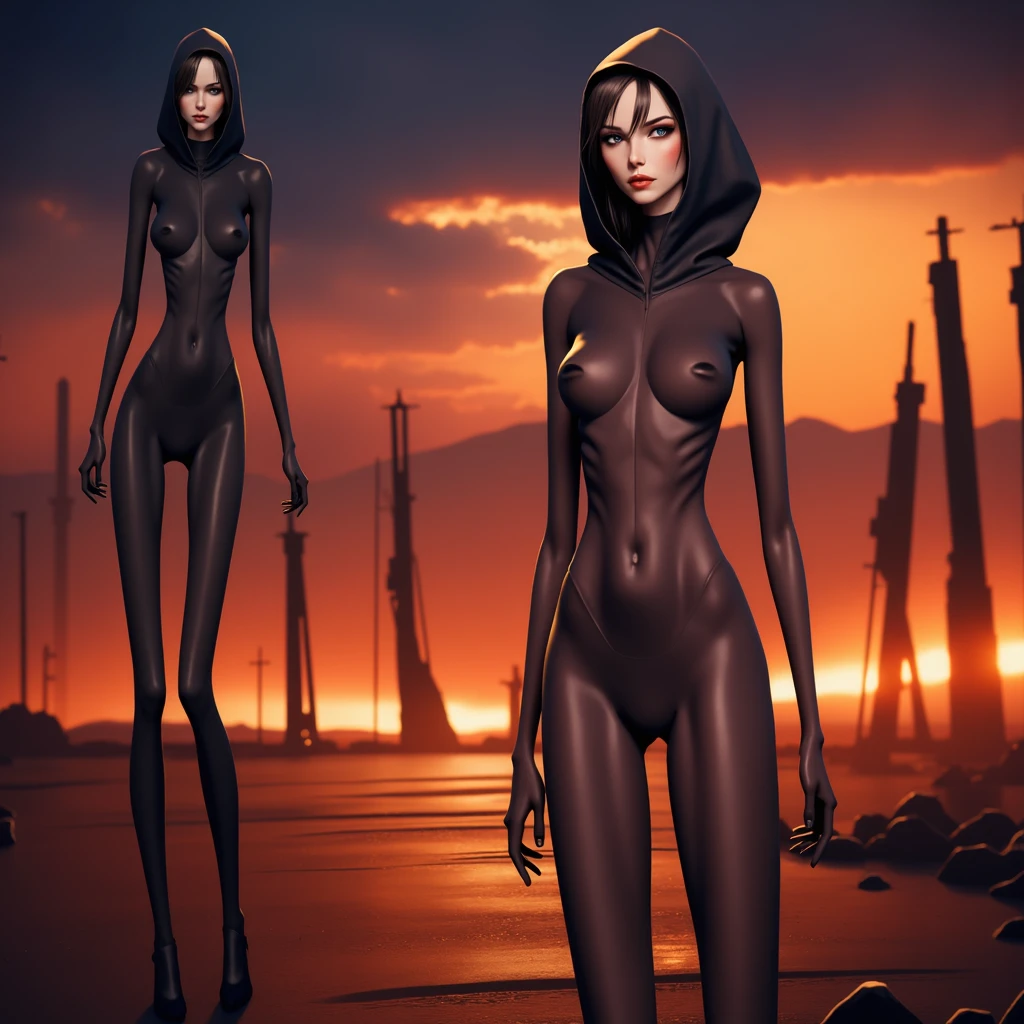 Skinny skinny tall narrow girl, in tights all over the body and a hood. Naked , hot and sweaty on a very dark night, little lighting at dusk, dark fantasy,
