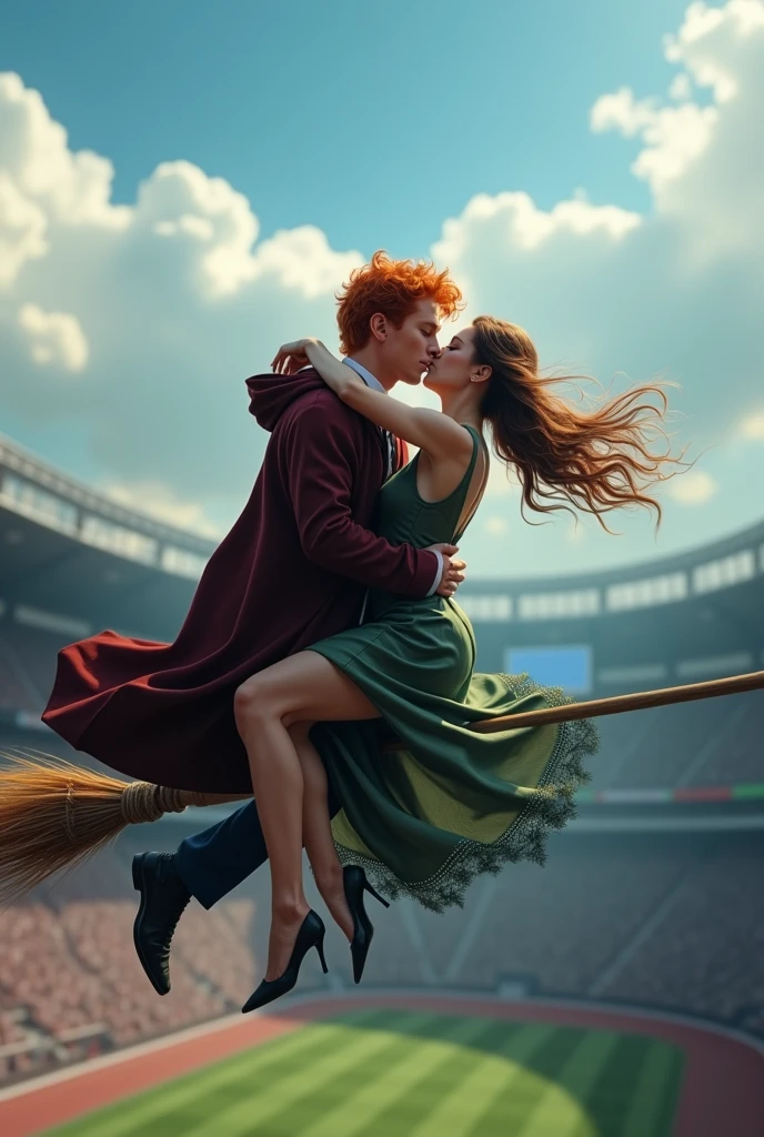 Create a photo where Fred Weasley is kissing his girlfriend ( de Slytherin, with white skin, dark brown hair and height of 1.60) He kisses her while he is riding his broom because he just won a tournament
