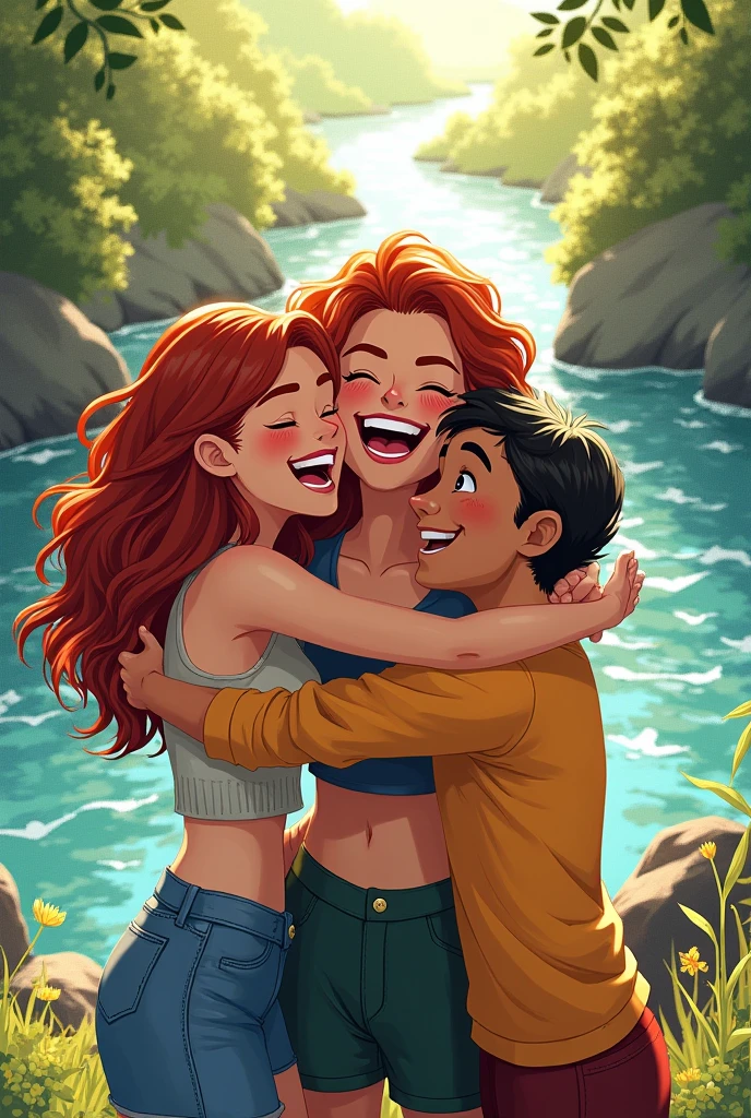 C.

9. **Celebration on the Other Side**: Illustrate Ellie, Rina, and Ricky cheering and hugging each other happily on the other side of the river, celebrating their success together.

10. **Teamwork Message**: Create an image that visually represents the message of teamwork, perh



