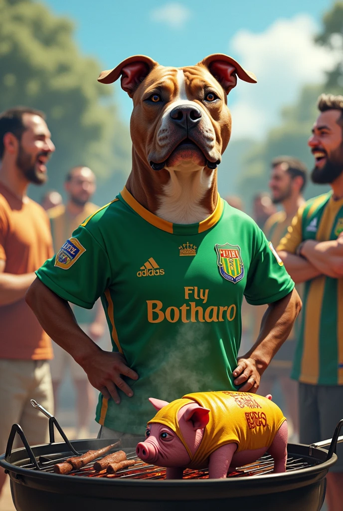 Botafogo fans, a Pitbull dog wearing a Botafogo team shirt with its paws on its waist and a barbecue with a crying pig wearing a Palmeiras team shirt to roast 