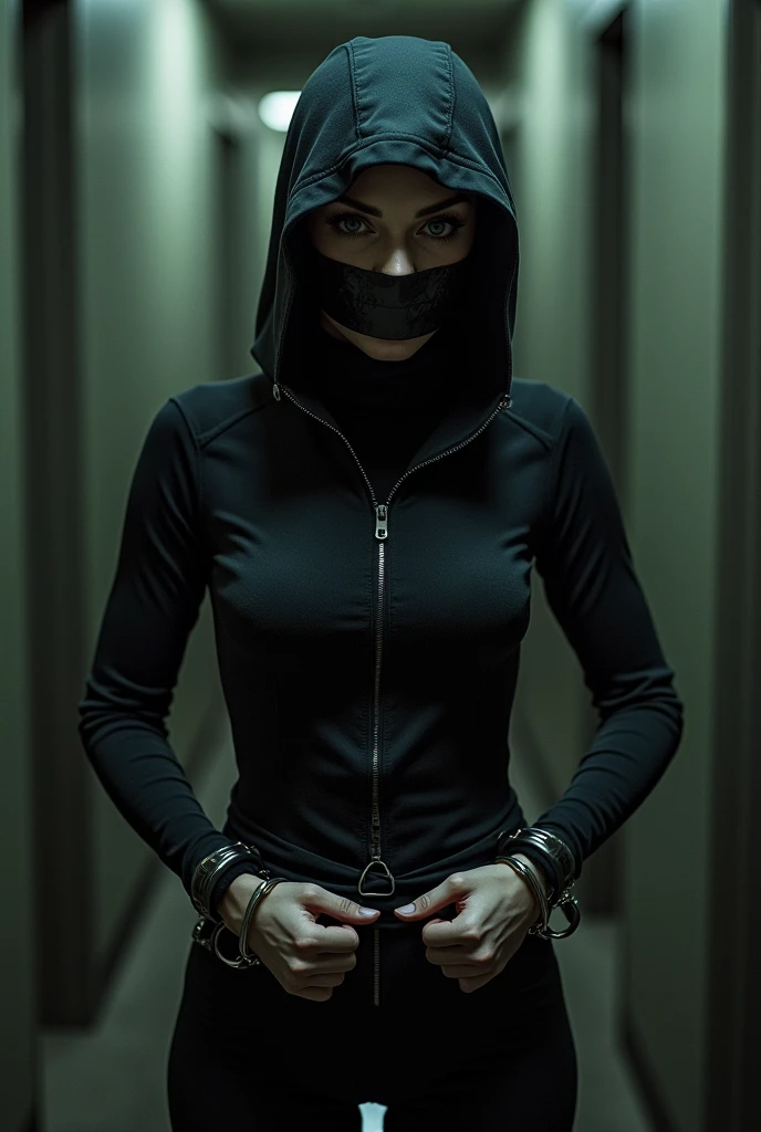 spy in jumpsuit handcuffed and gagged with tape