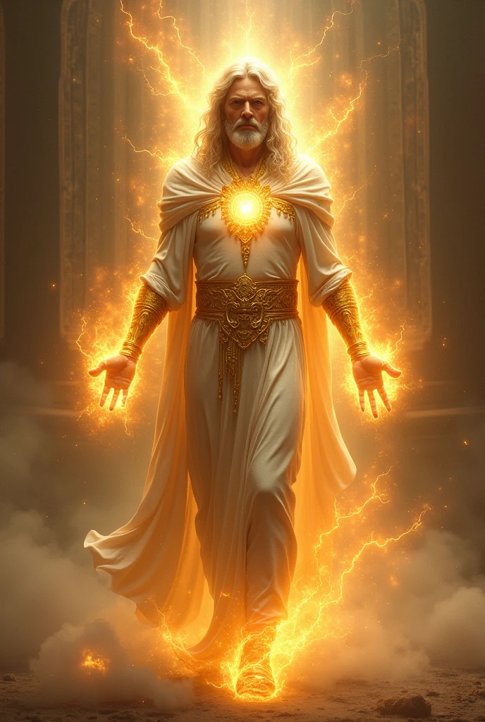 (photorealism:1.2), man clothed in linen, whose loins were girded with fine gold of Uphaz, His body also was like the beryl, and his face as the appearance of lightning, and his eyes as lamps of fire, and his arms and his feet like in colour to polished brass.