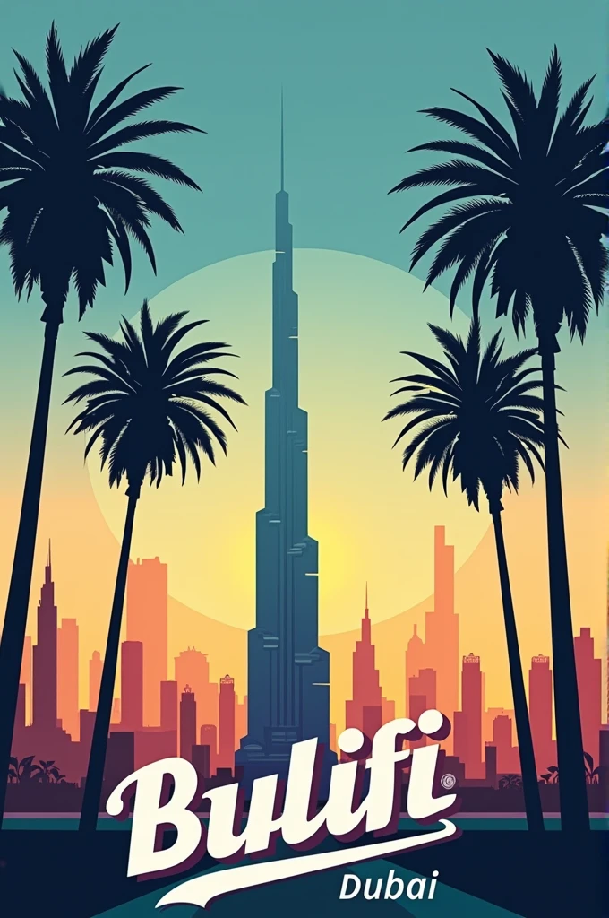 A vibrant, colorful poster featuring the Burj Khalifa towering over the Dubai skyline. The poster has a retro, vintage style, with a gradient background of blue, orange, and yellow. The Burj Khalifa is depicted in a minimalist, geometric style, and the skyline is represented by a series of smaller, stylized buildings. Palm trees are silhouetted in the foreground, and the text "Burj Khalifa" and "DUBAI" is displayed in bold, white letters with a slightly vintage font style. The overall atmosphere is modern yet nostalgic.